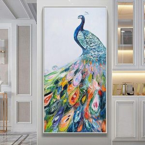 Oil Paintings |   Handmade Oil Painting Canvas Wall Art Decoration Vertical Modern Abstract Animal Peacock for Home Decor Rolled Frameless Unstretched Painting Oil Paintings Oil Paintings