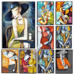 Prints |   Abstract Picasso Man Playing Musical Instrument Poster Grace Woman Oil Painting on Canvas Nordic Jazz Violin Prints Home Decor Prints Prints