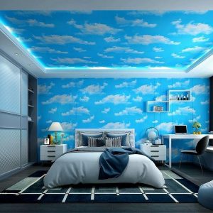 Wallpaper |   Cool Wallpapers Blue Wallpaper Wall Mural Self adhesive PVC waterproof 3D blue sky white cloud color decoration film Bedroom living room ceiling wall sticker instant paste a roll of 17.72*74.78inches Wall Art Wallpaper