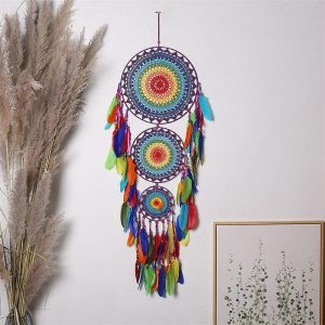 Dreamcatcher |   Three-ring Dream Catcher Handmade Gift Feather Hook with Three Circles Indian Style Ornament Wall Hanging Decor Art Boho Style 35x110cm/13.77”x43.3” Dreamcatcher Dreamcatcher