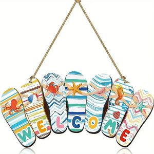 Wall Accents |   1pc Summer Slippers Wooden Hanging Sign Hello Summer Rustic Beach Plaque Welcome Beach Theme Decor For Door Wall Porch Indoor Outdoor 12 X 6 X 0.2 Inch Welcome Style Summer Party Home Decoration Wall Accents Wall Accents