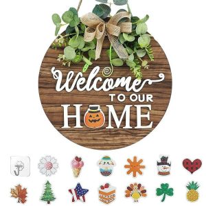 Wall Accents |   pc Wooden Plaque Interchangeable Seasonal Welcome Sign Front Door Decoration Festive Style Round Wooden Wreath Wall Hanging Outdoors Walls Porches Suitable For Spring Summer Fall Four Seasons Wall Accents Wall Accents