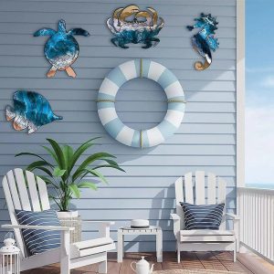 Wall Accents |   Set of 4 Seahorse Wall Decor Sea Turtle Fish Crab Starfish Sea Urchin Shell Conch Wall Art Decorations Outdoor Beach Theme Decor Ocean Fence Art Wood Outdoor Wall Art for Living Room Bathroom Wall Accents Wall Accents